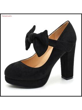 Women's Bow Platform Block High Heel Ankle Strap Pumps 4-Inch Dress Shoes